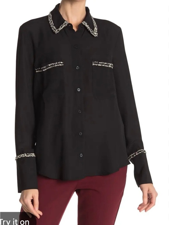 Laundry By Shelli Segal Tops - Black Boucle Trim Woven Blouse Button-Front Long-Sleeve Shirt with Contrast Trim
